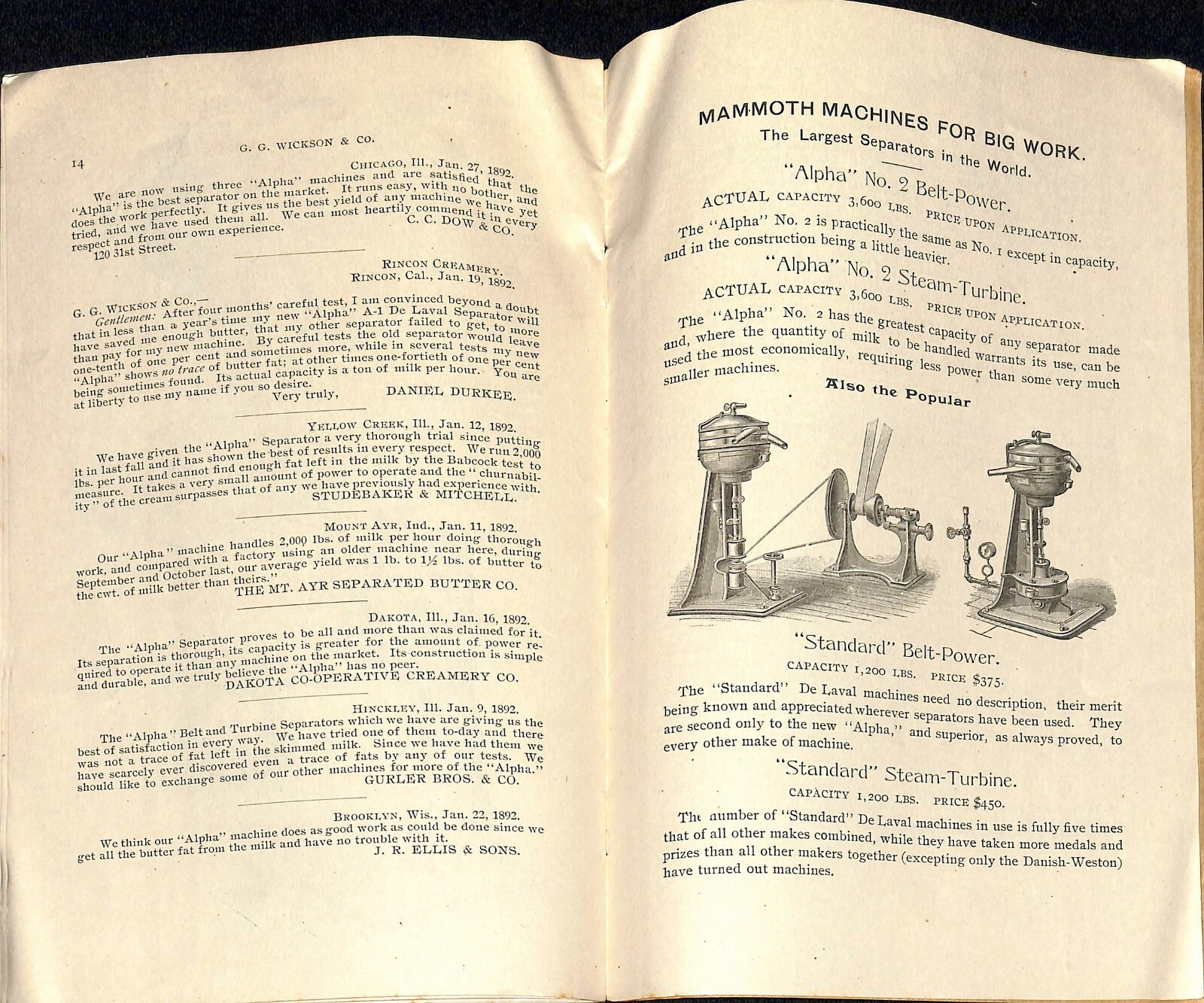 Scarce 1892 « De Laval Cream Separators Catalog » Wickson Los Angeles, CA 16pp VGC