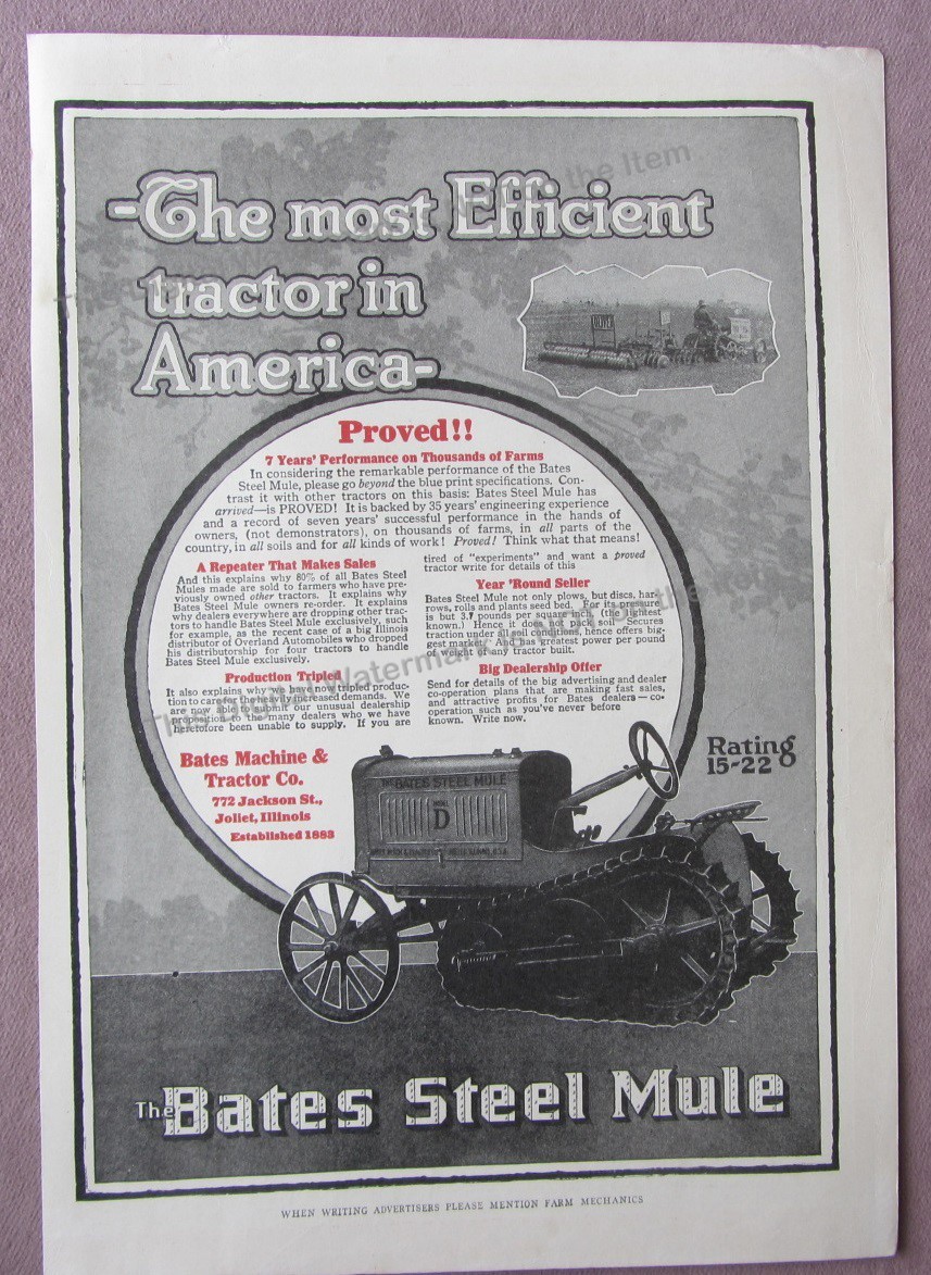 1919 Ad * Bates Steel Mule Tractor Model D Bates Machine & Tractor Joliet IL