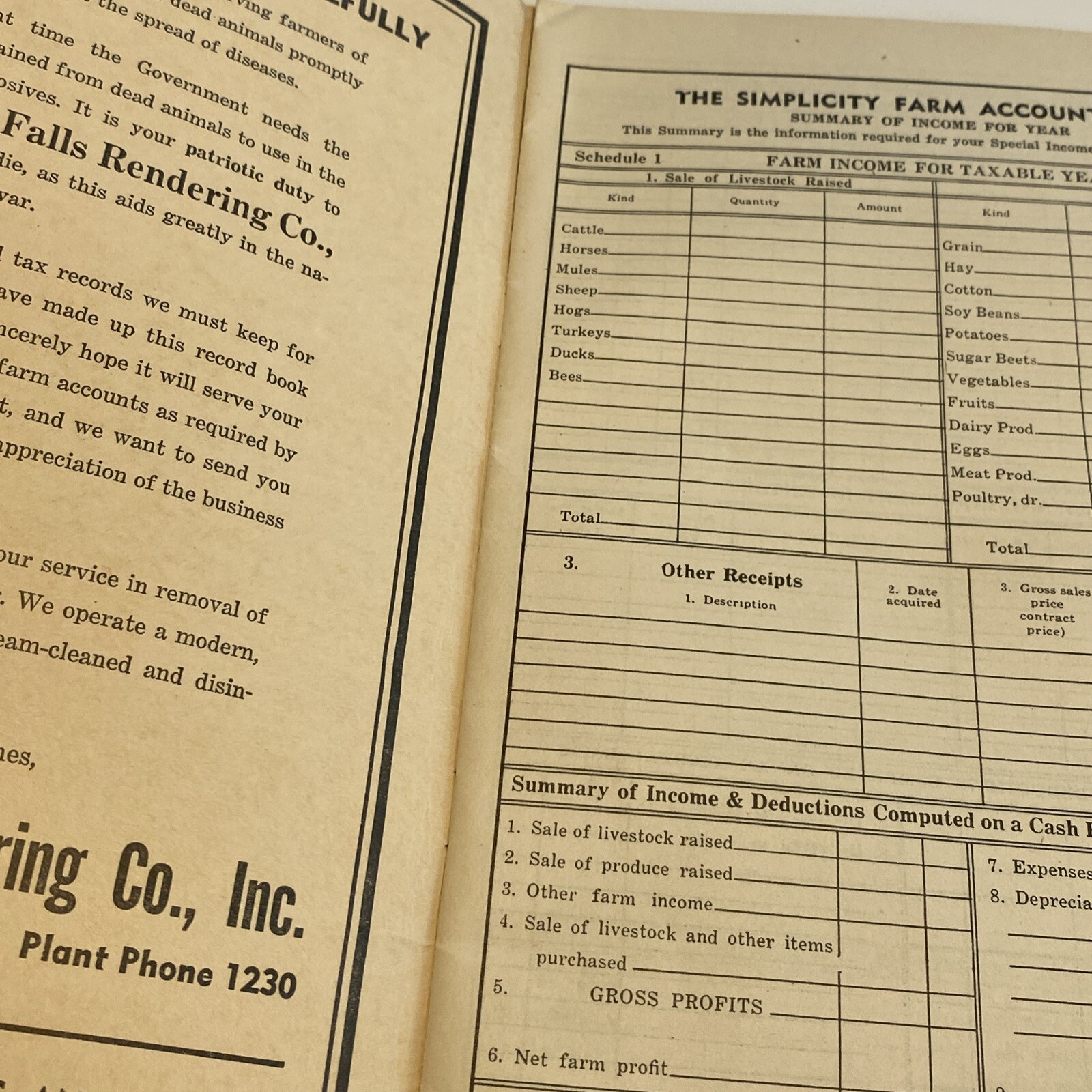 CASH PAID FOR DEAD ANIMALS Chippewa Falls Rendering Advertising Farm Record Book