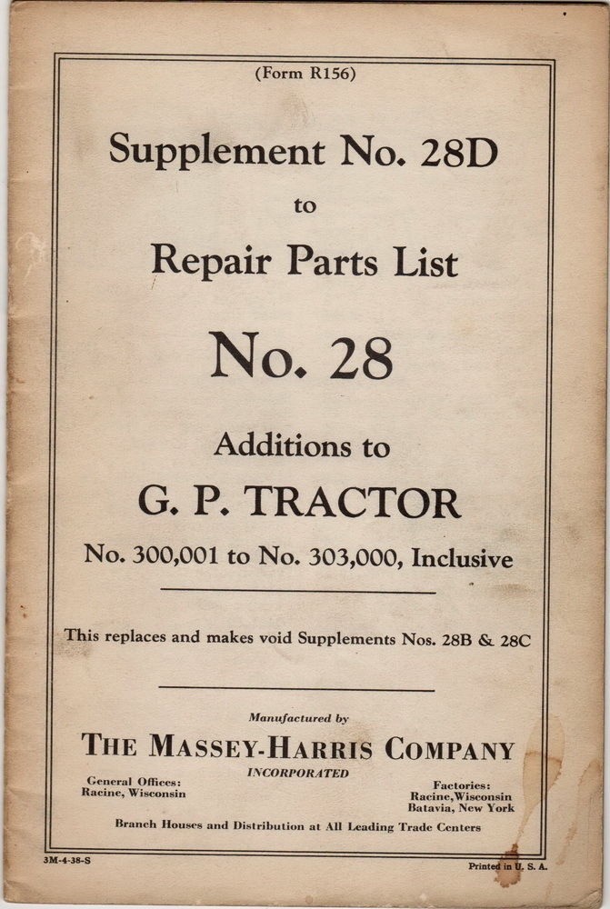 Supplement No. 28D to Repair Parts List No. 28 Massey-Harris Co.
