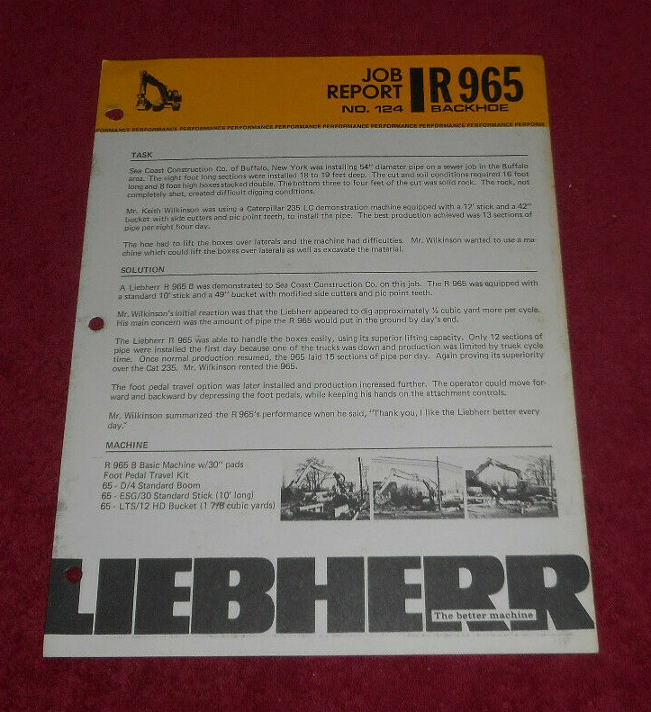 Liebherr Job Report #124 R 965 Backhoe Advertisement Sheet