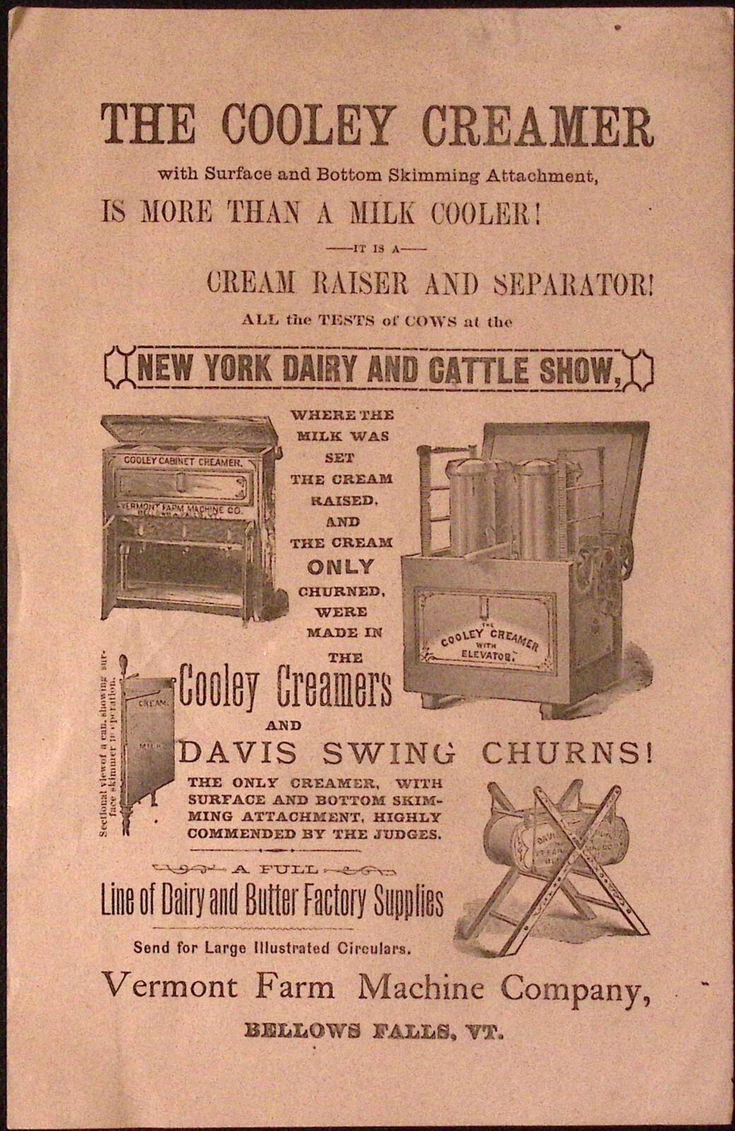 1887 The Cooley Creamer Vermont Farm Machine Co Bellows Falls VT Print Ad