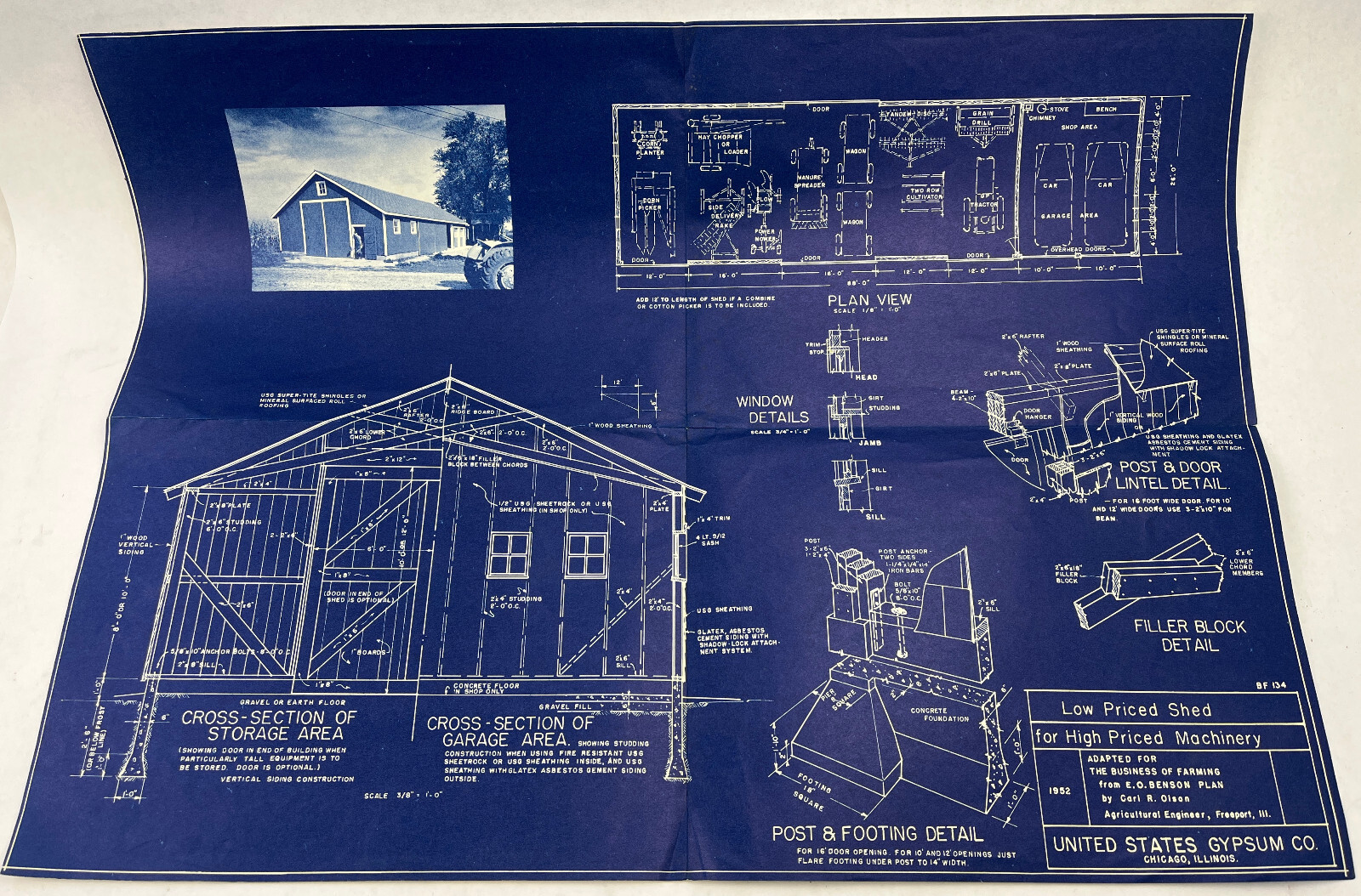 1952 Low Cost Shed for High Priced Machinery for Farms Blueprint U.S. Gypsum Co.