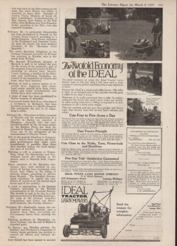 1919 IDEAL TRACTOR LAWN MOWER FARM YARD LANDSCAPE CUT LANSING MICHIGAN AD7910