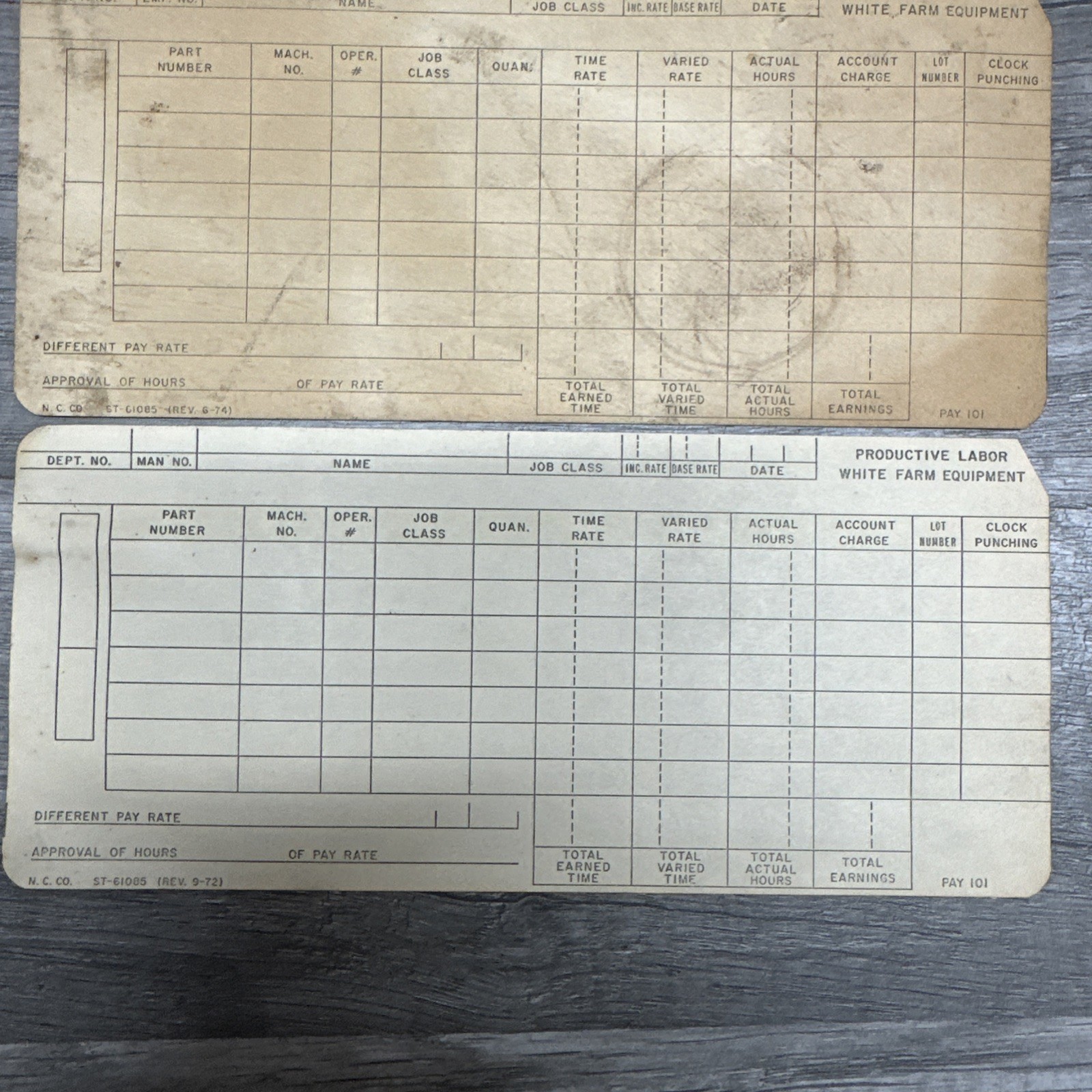 White Farm Equipment Co. Charles City, Iowa Employee Time Card Productive Labor