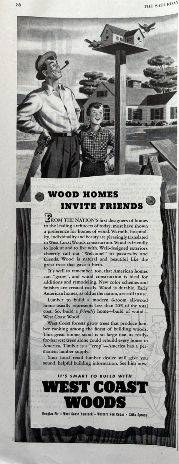 1947 West Coast Woods Lumber Bird House Kid Mom Timber Crop Vintage Print Ad
