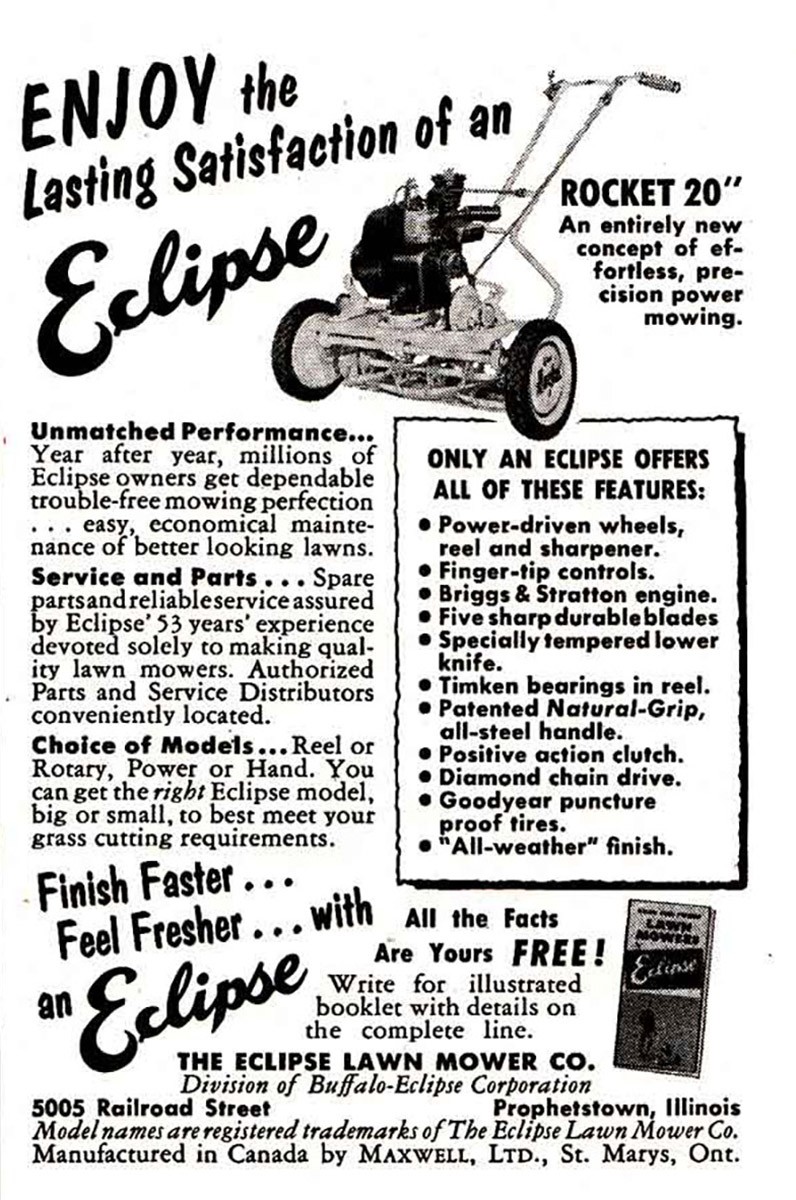 1953 Eclipse: Rocket 20 Mower Vintage Print Ad