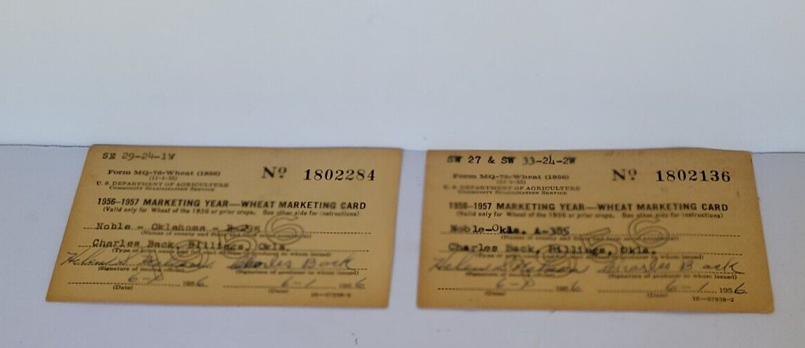 1956-57 Wheat Marketing Card – Charles Back- Billings, Oklahoma (2 CARDS)