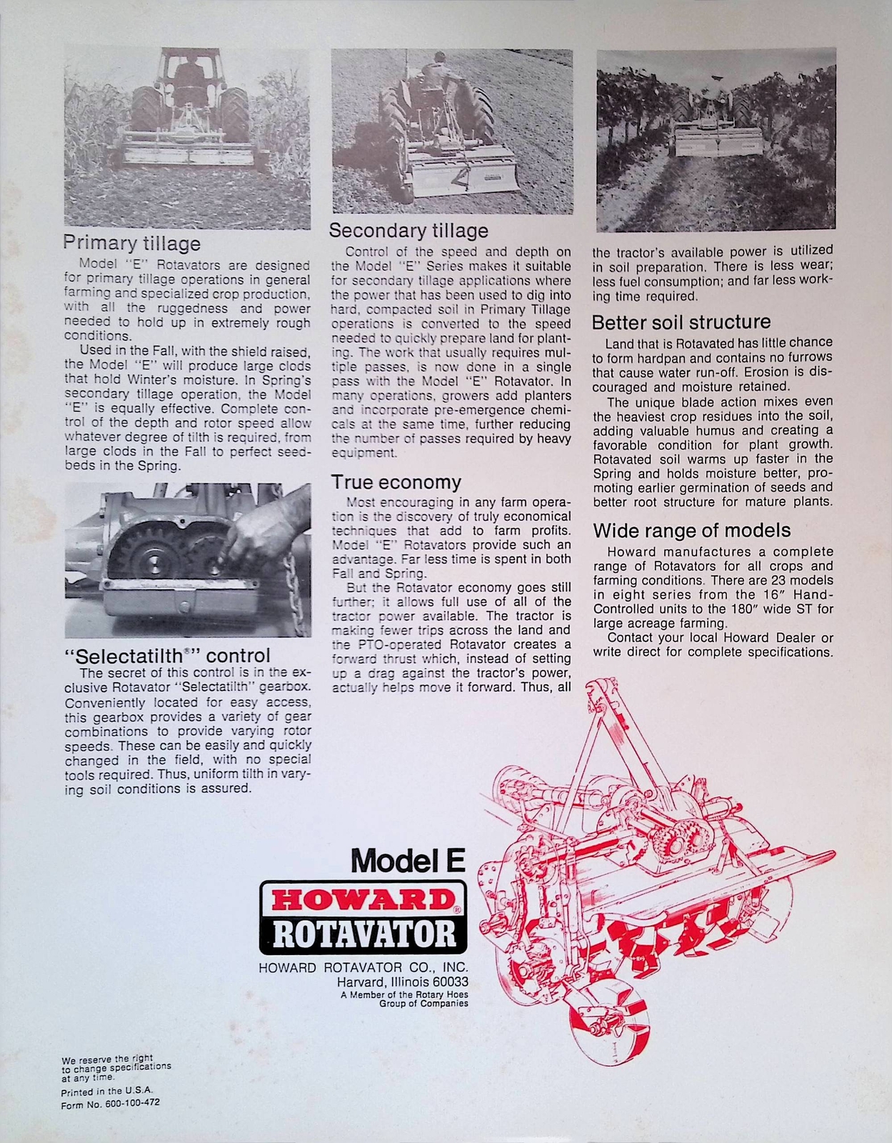 Vintage Farm Advertisement Spec Sheet Howard Rotavator Model E Tillage Solutions