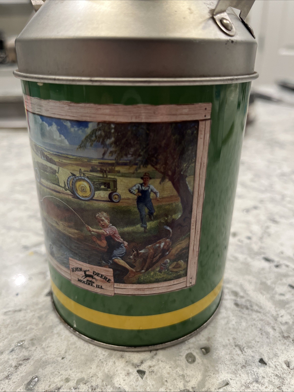 John Deere Mini Tin, Milk Can Tin, Collector Farm Tractor Fishing Scene Decor