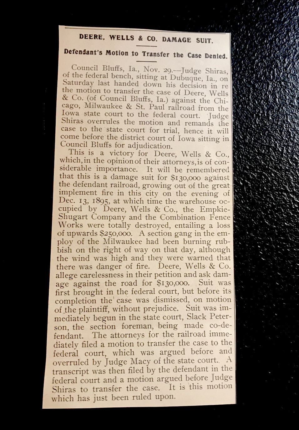 ORIGINAL 1897 Deere Wells & Co vs. Chicago Milwaukee St. Paul Railroad Article