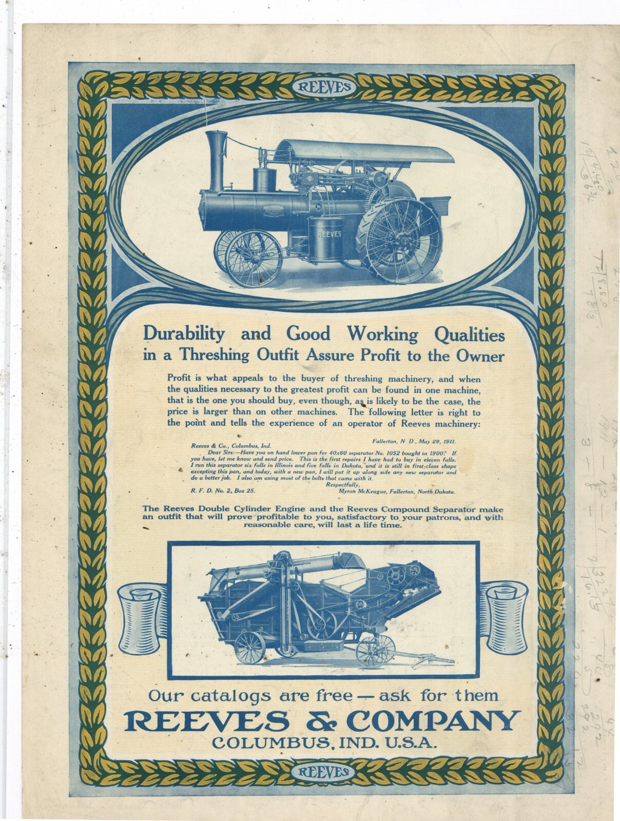 1911 Threshing Machine Ads: F&B of Pg – Reeves. Columbus, Indiana & Port Huron