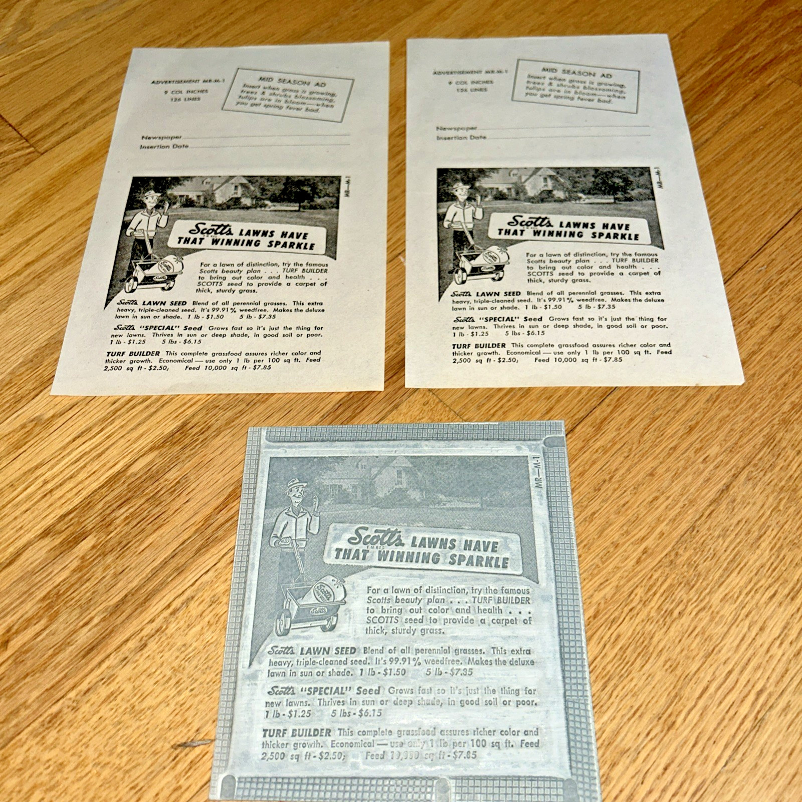 1940s O.M SCOTT & SONS CO Newspaper Mat & Layout Ad MID SEASON Marysville OHIO