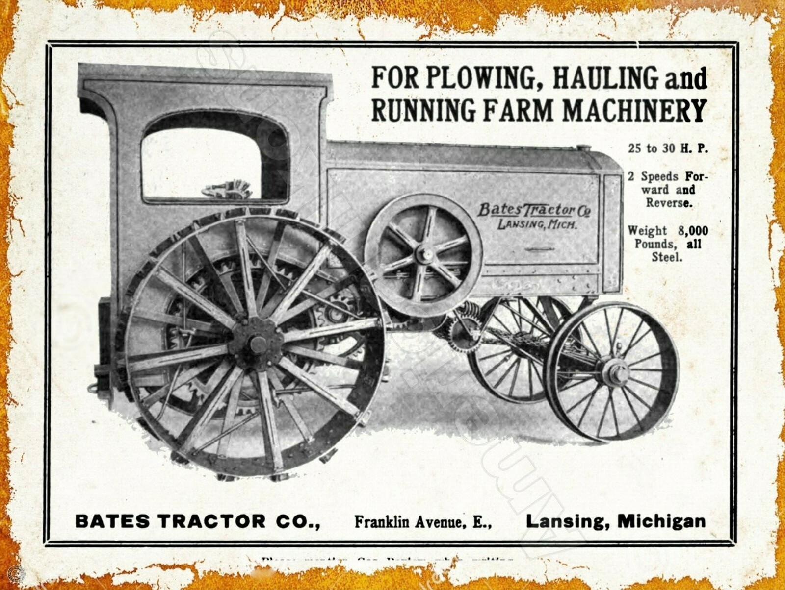 1911 Bates Tractor Company New Metal Sign: Lansing, Michigan