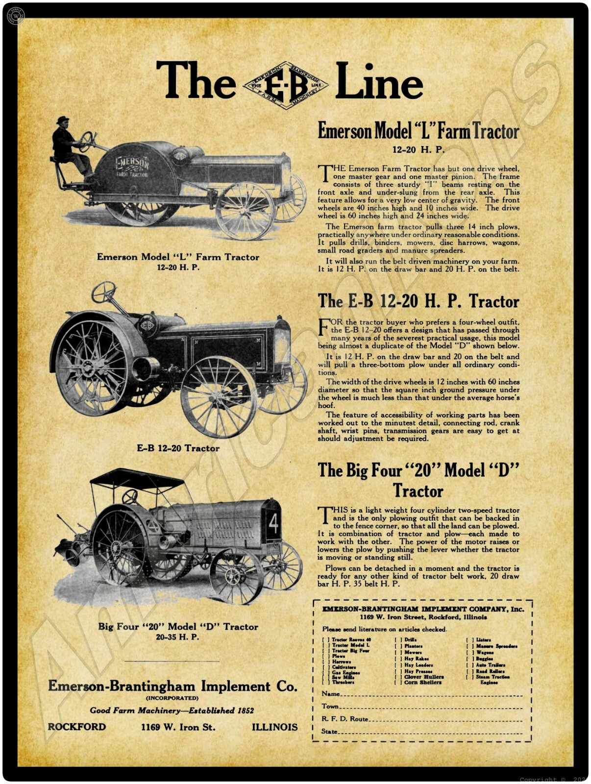 1916 Emerson Brantingham Tractors New Metal Sign: LARGE SIZE 12 X 16 Free Ship.