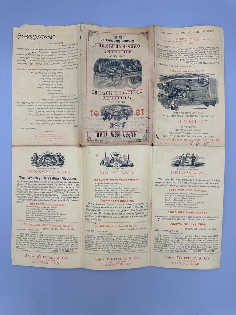 1891 Amos WHITELEY Farm HARVESTING MACHINES Mower Binder Advertising Circular