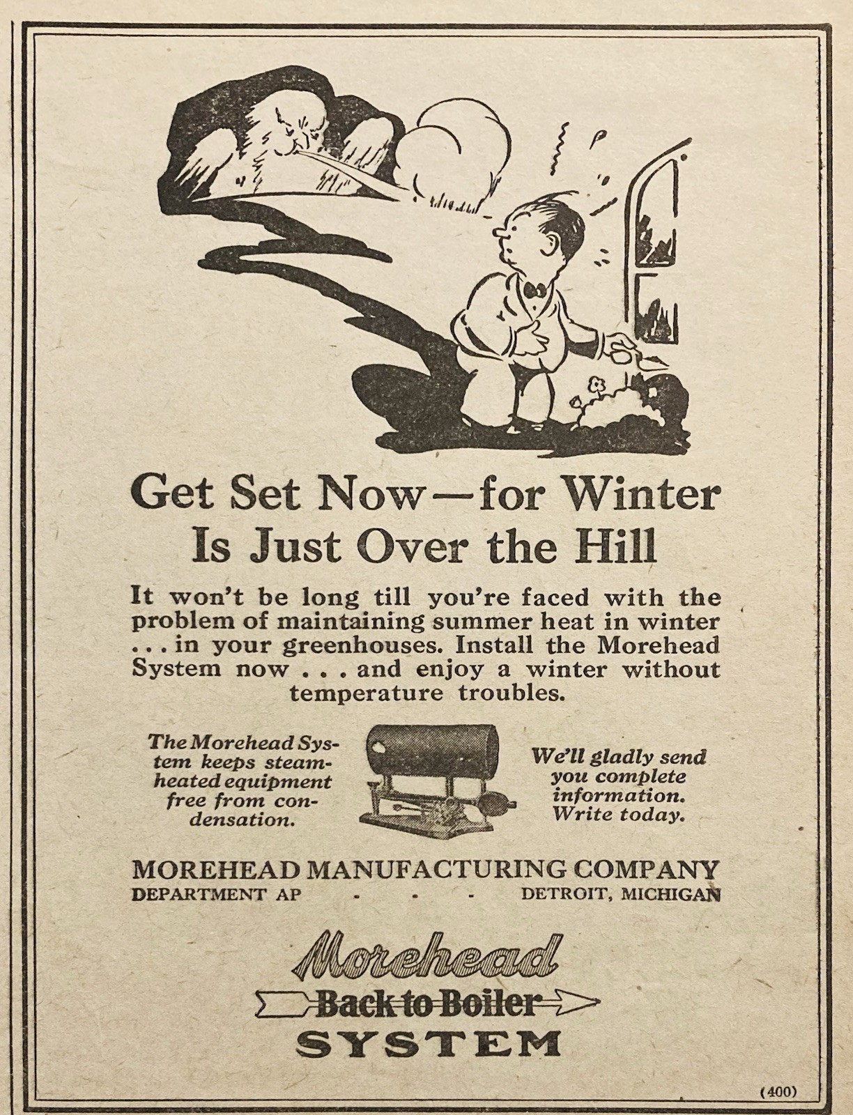 1929 AD.(XH86)~MOREHEAD MFG. CO. DETROIT. GREENHOUSE BOILER SYSTEM