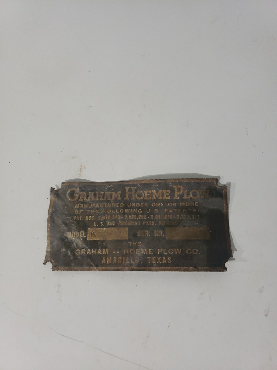 Vintage Graham Hoeme Plow Model K Plate Brass Id Tag Amarillo Texas – Used