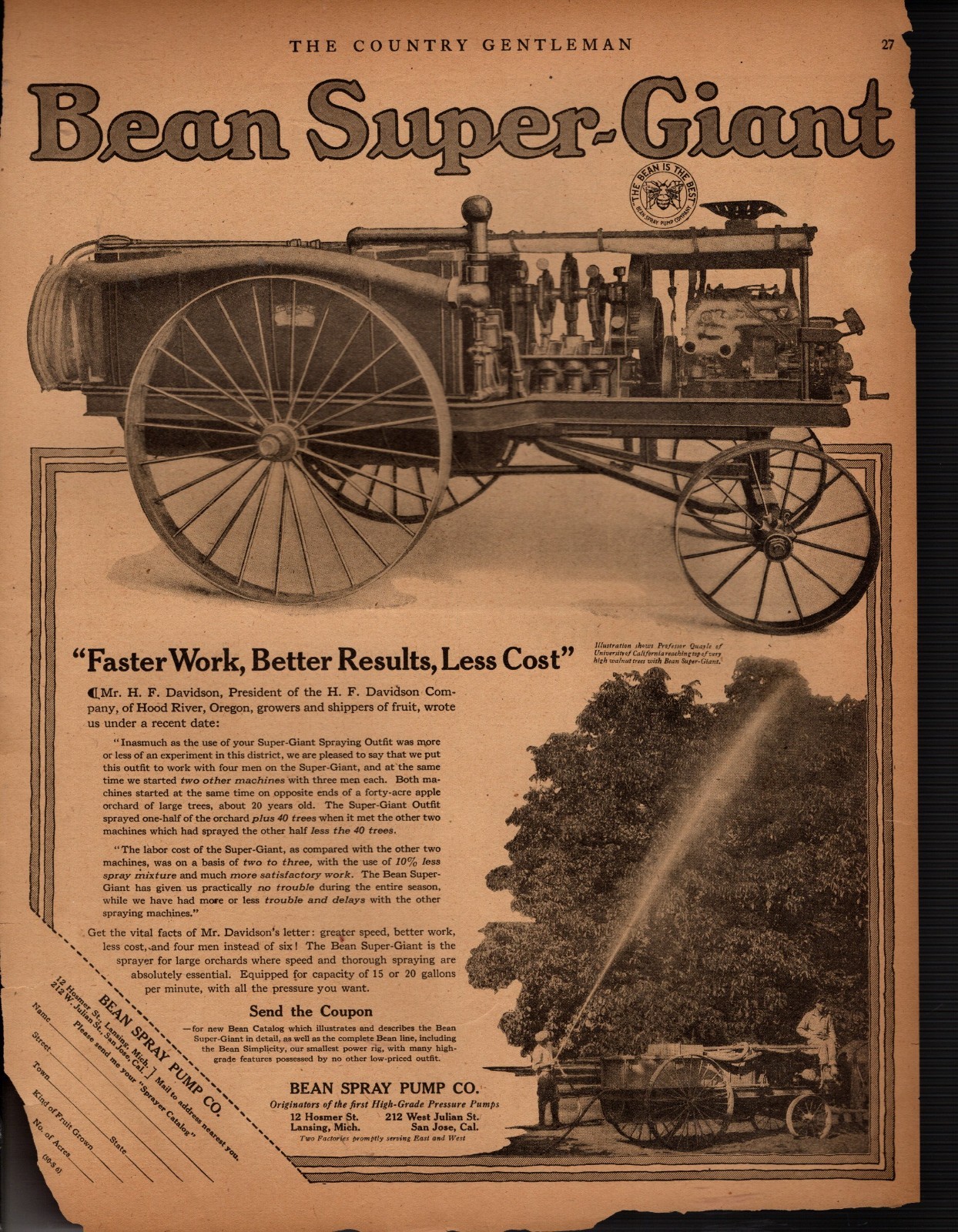 1921 Bean super Giant original Tractor ad – Scarce