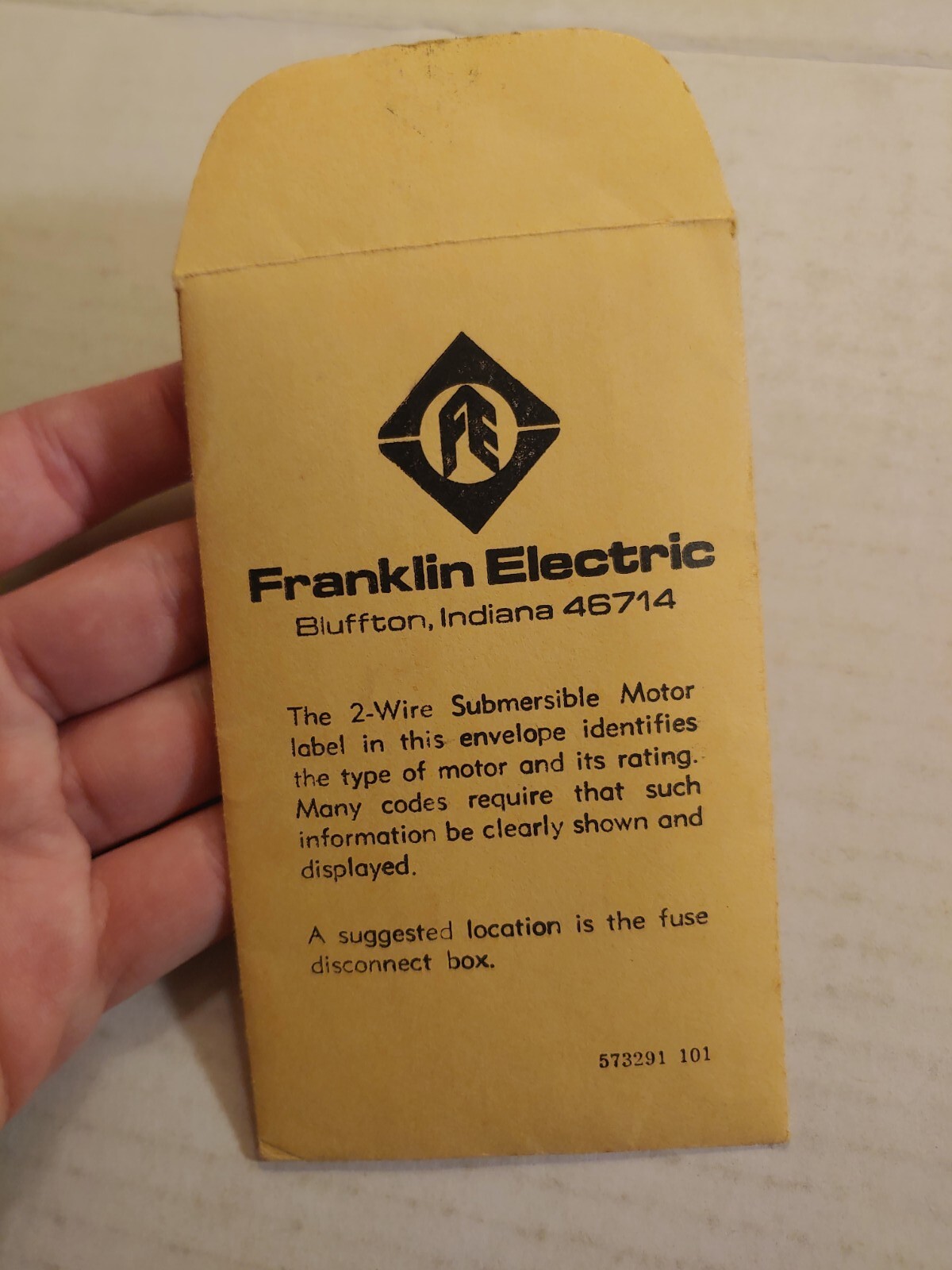 Vintage Franklin Electric 2-Wire Submersible Motor Label Sticker Bluffton IN