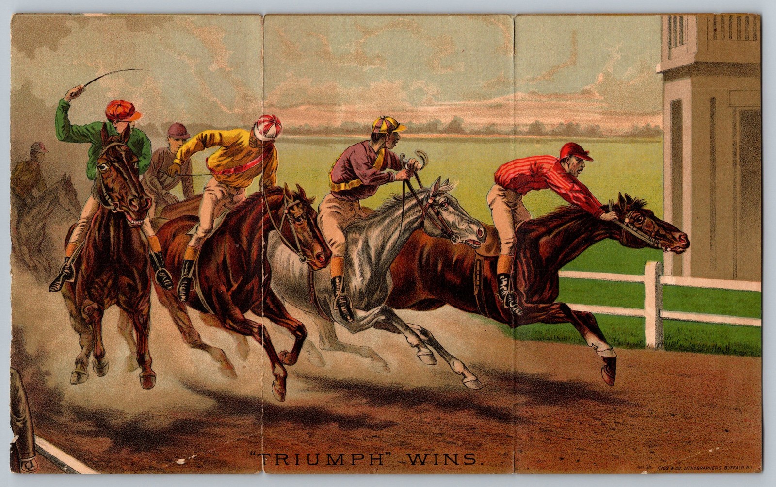 1888 D.S. Morgan & Co. Triumph Harvesting Machinery Horse Race Trade Card Ad