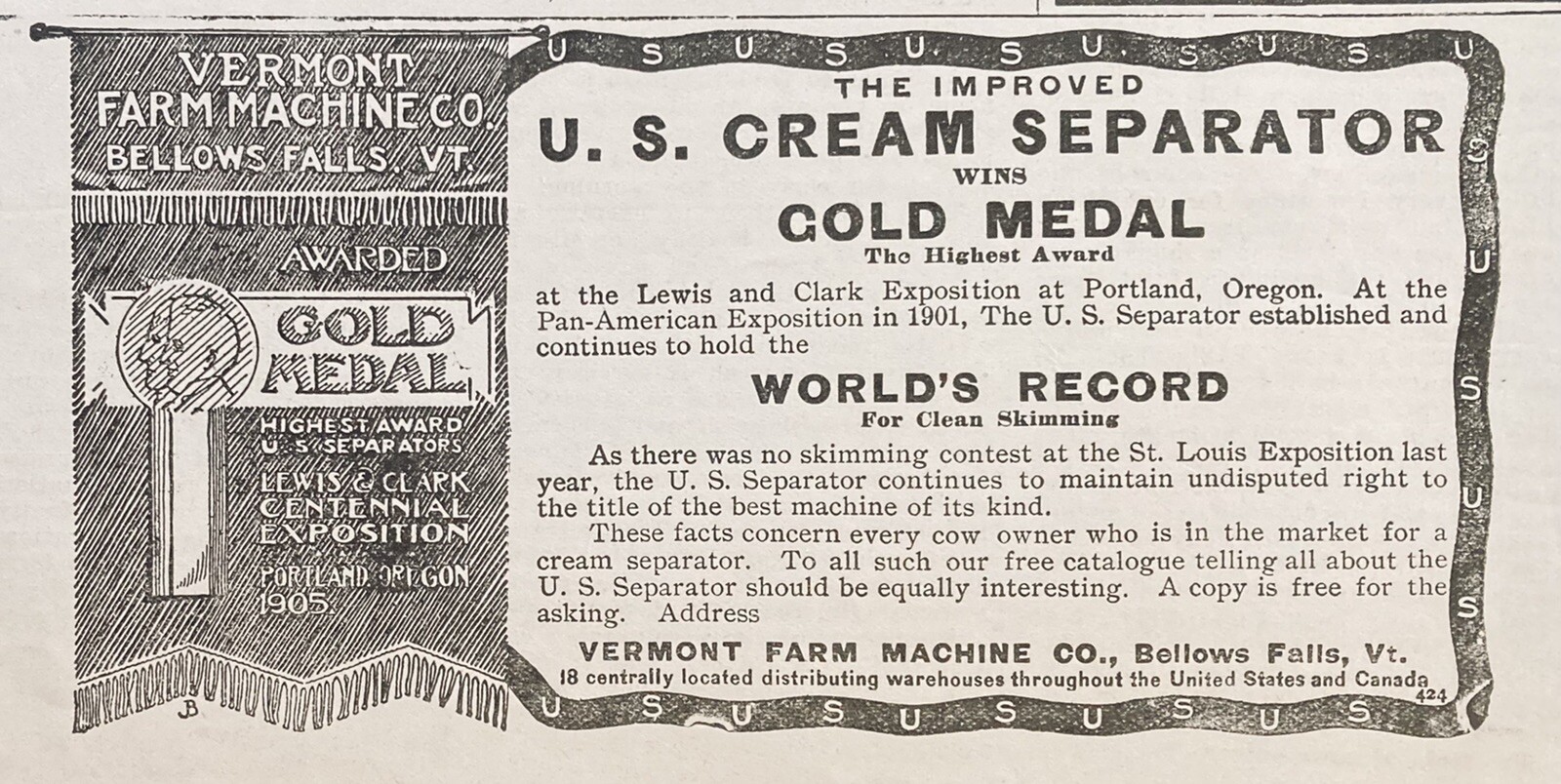 1905 AD.(XH29)~VERMONT FARM MACHINE CO. BELLOWS FALLS, VT. U.S. CREAM SEPARATOR