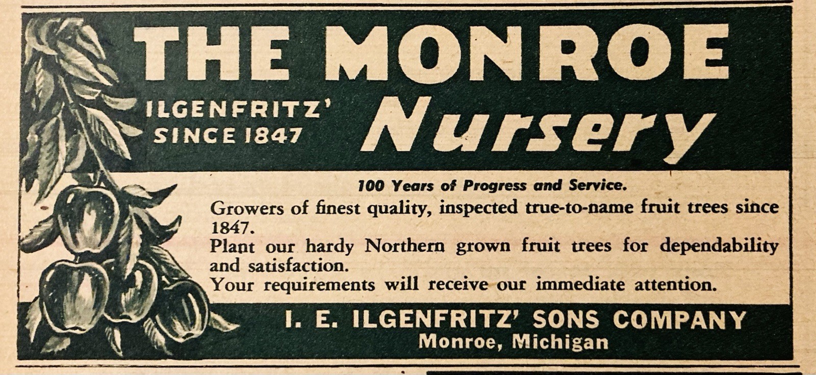 1946 AD.(PC6)~I.E. ILGENFRITZ’ SONS CO. MONROE, MI. THE MONROE NURSERY
