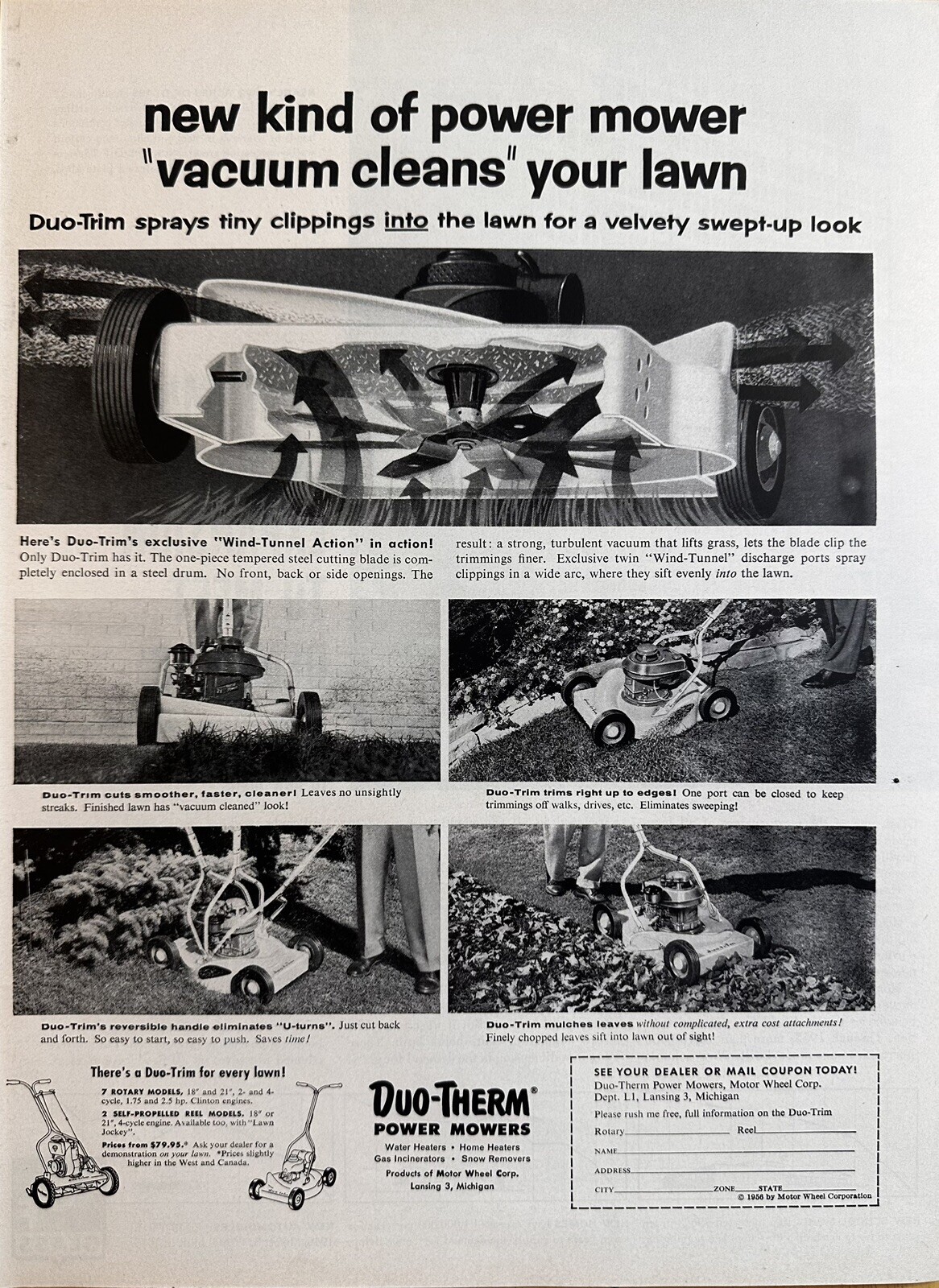 1956 Duo-Therm Power Mowers B&W Print Ad, Retro Mowing Gear Advertisement