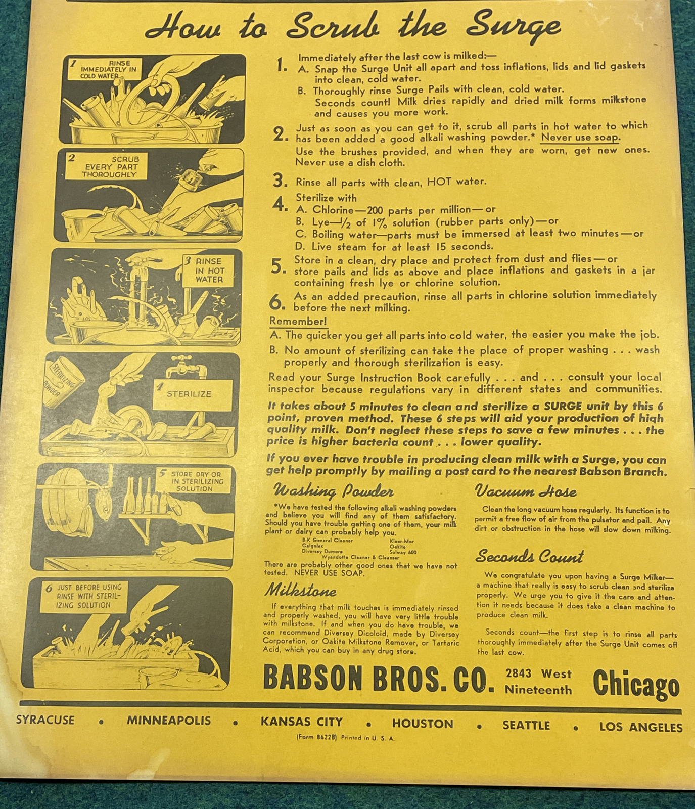 VTG Babson Bros. “SECONDS COUNT” Milking Equipment Sterilization 22”x14” Poster