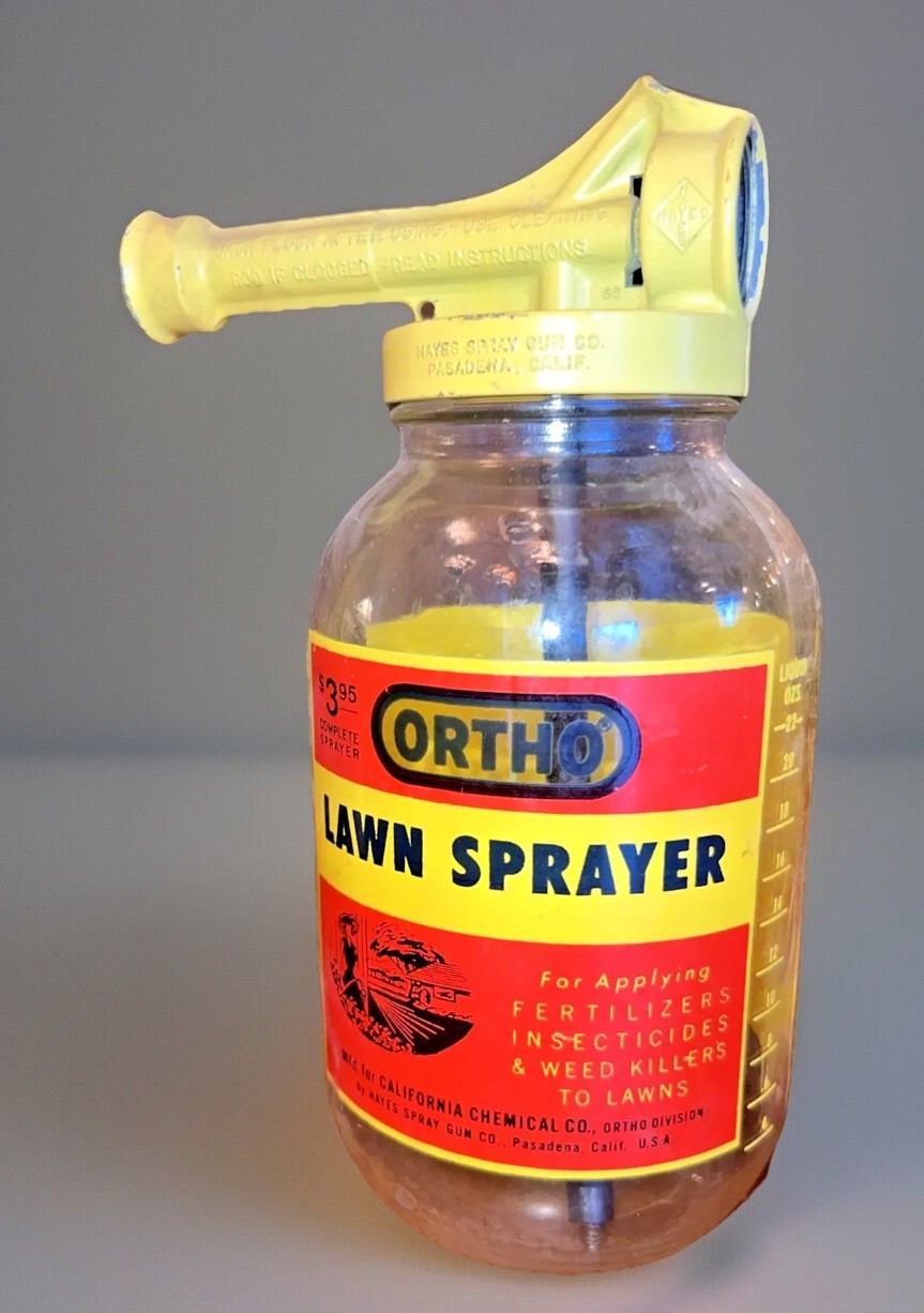 Vintage 1970 Ortho Lawn Sprayer Glass Jar Yellow Metal Lid 8&Prime; With Instructions