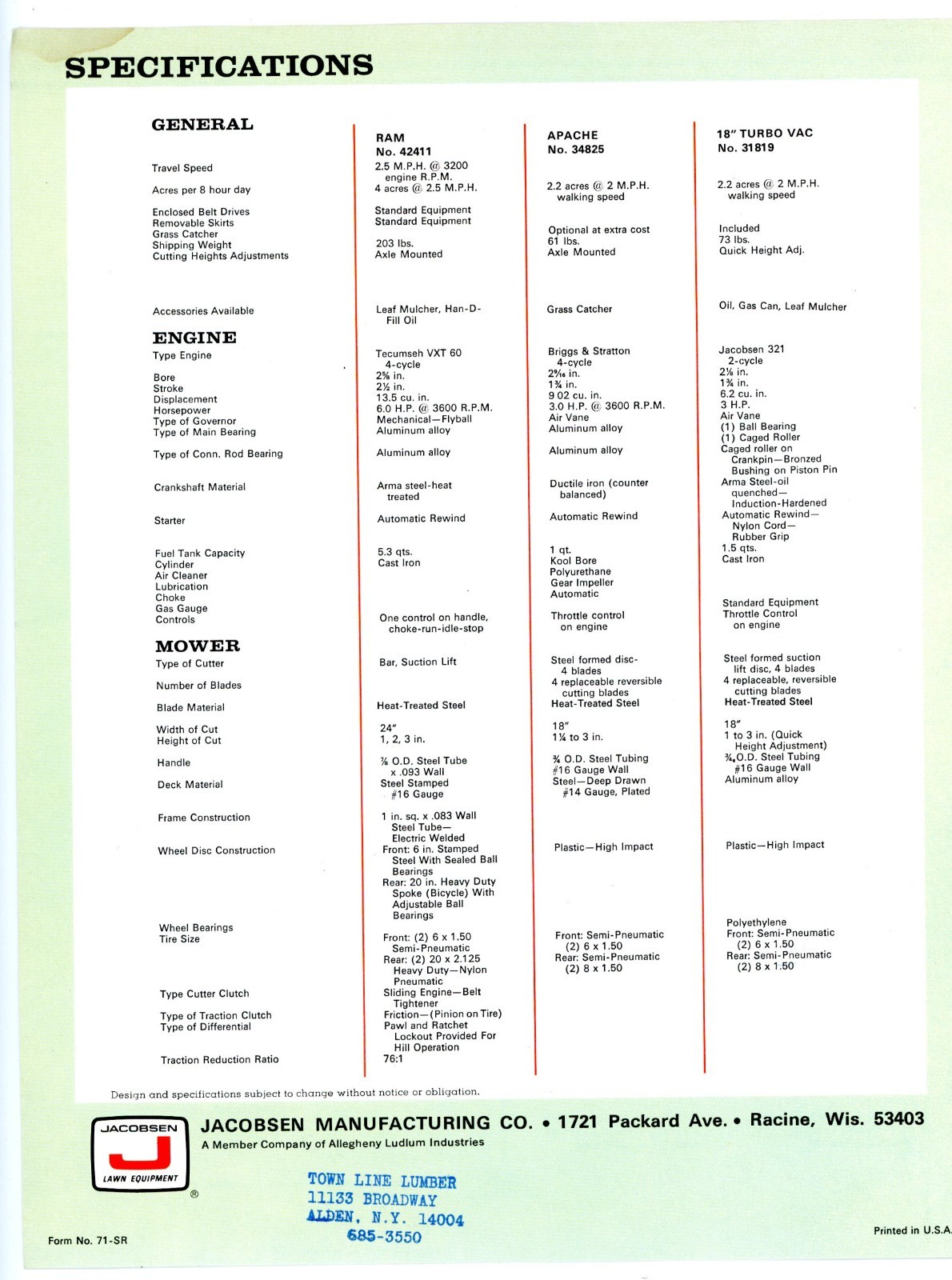 1971 Jacobsen Ram Apace and Turbo-Vac lawn mower brochure Jacobsen Man&rsquo;f Co