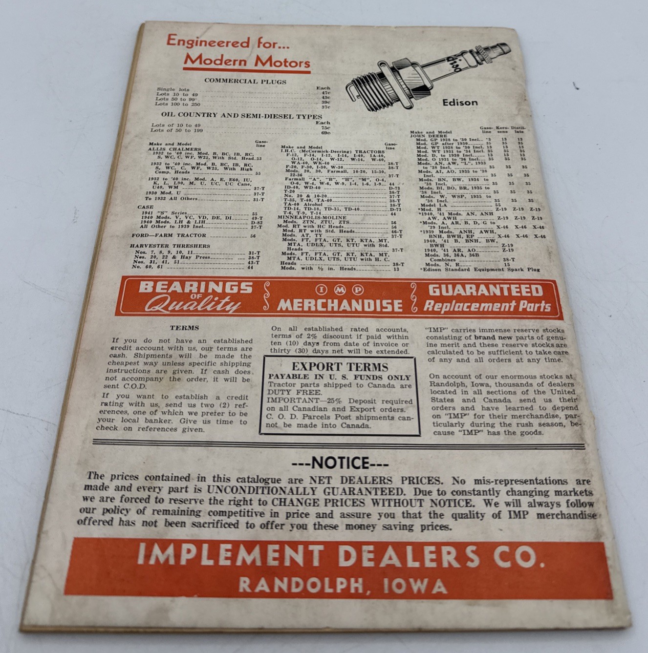 VTG 1947 Implement Dealers Co. Catalog RANDOLPH IA Tractor Truck Parts DEVIL IMP