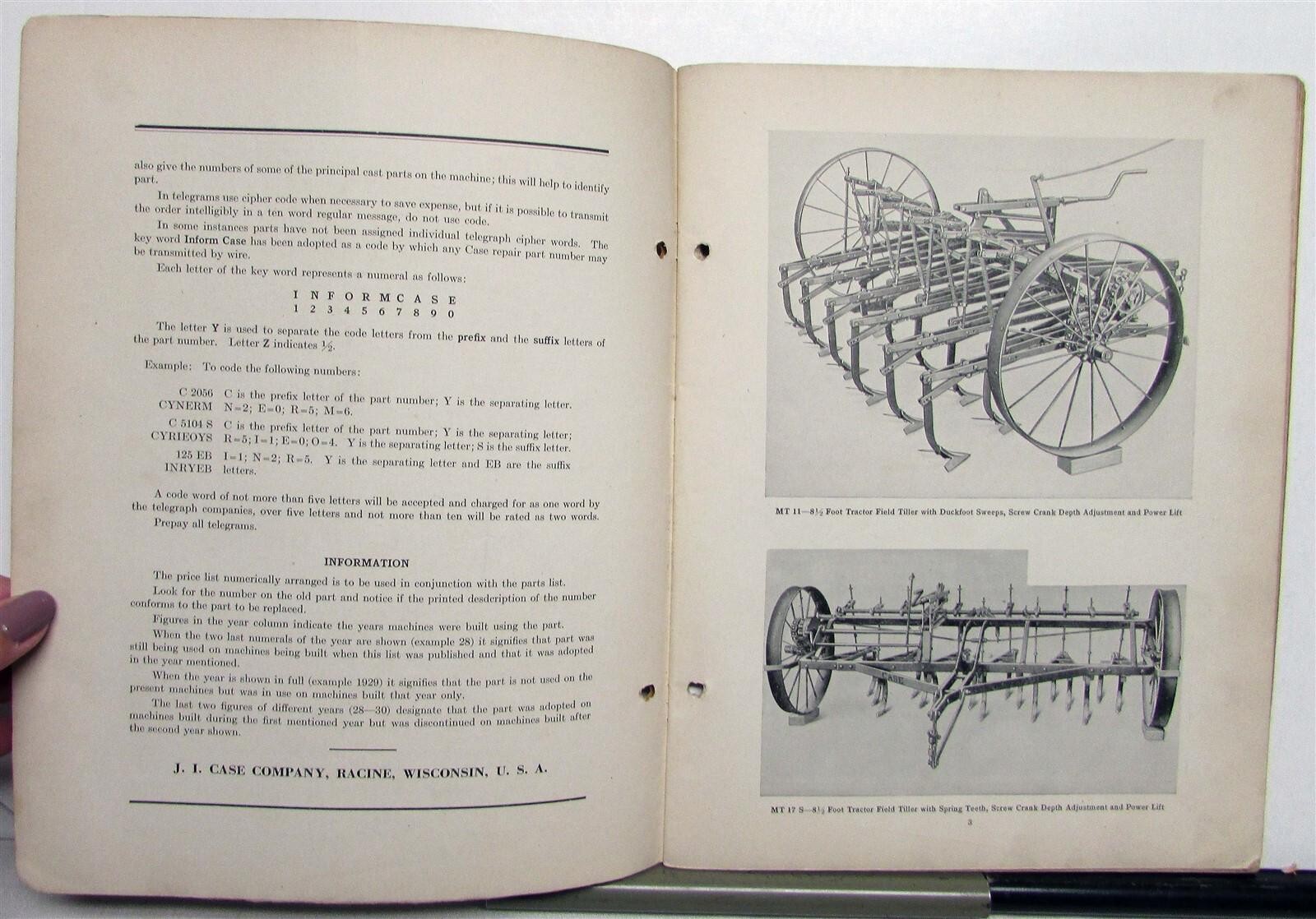 1938 Case F&M Series Field Tillers Specs Construction Repair Part List Catalog