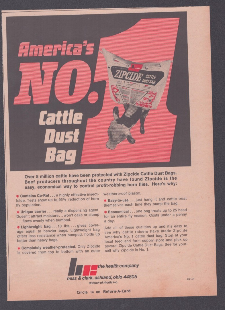 1972 Print Ad Hess & Clark Ashland OH Zipcide America&rsquo;s No 1 Cattle Dust Bag