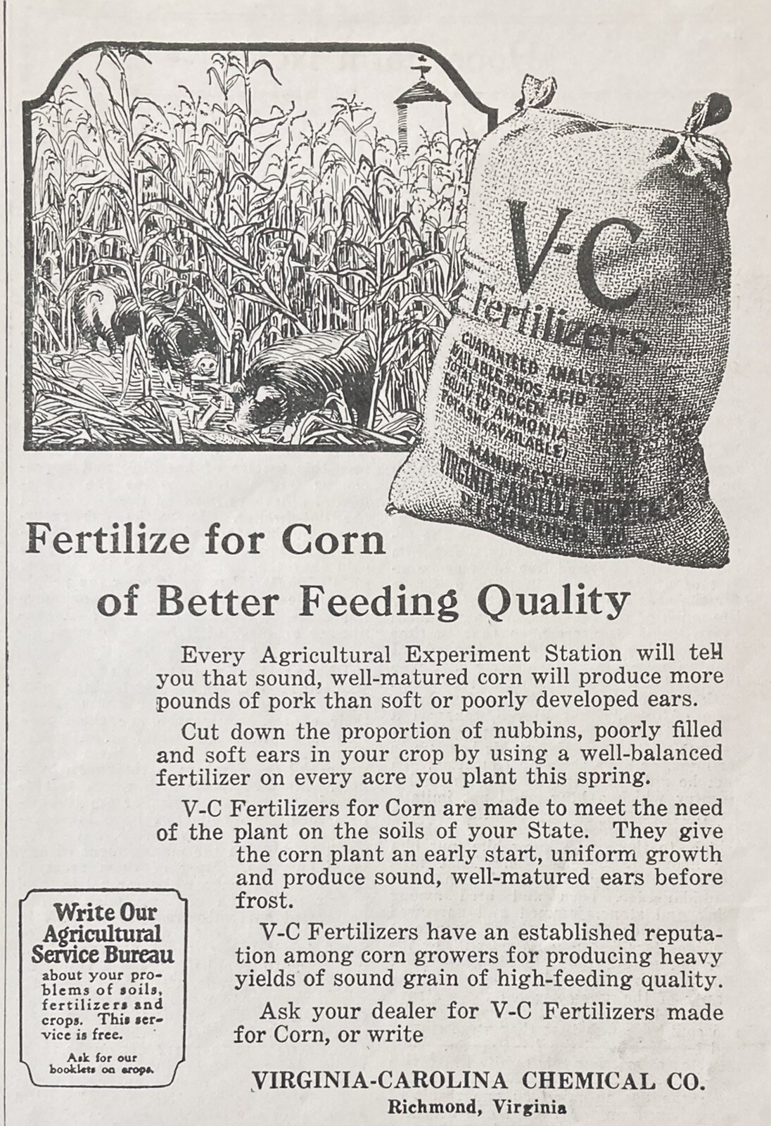 1926 AD(XH1)~VIRGINIA-CAROLINA CHEMICAL CO. RICHMOND, VA. V-C CORN FERTILIZER