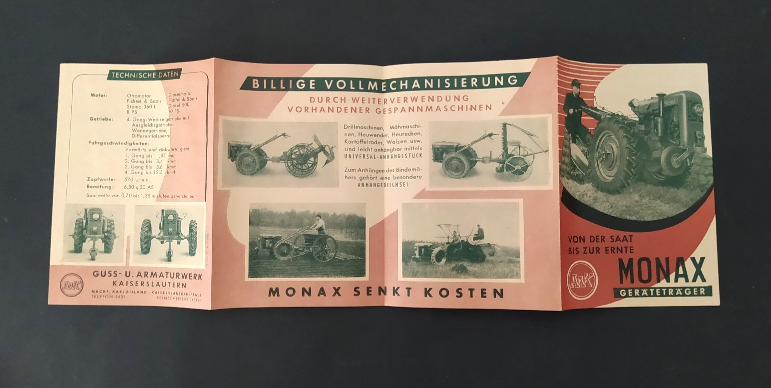 VINTAGE AWK « MONAX » GERMAN SINGLE AXLE TRACTOR BROCHURES PAIR 1950&rsquo;s