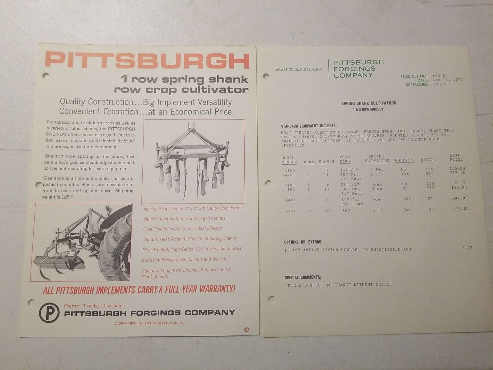 1970 PITTSBURGH FORGINGS CO. 1 ROW SPRING SHANK CULTIVATOR BROCHURE &PRICE LIST