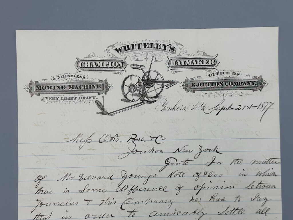 1877 WHITELEY&rsquo;s CHAMPION HAYMAKER Mower FARM ADVERTISING Letterhead YONKERS NY