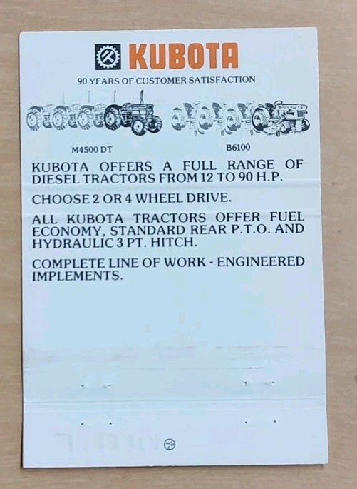 Kubota Midstate Tractor & Equipment Matchbook Cover Photo Middletown Connecticut