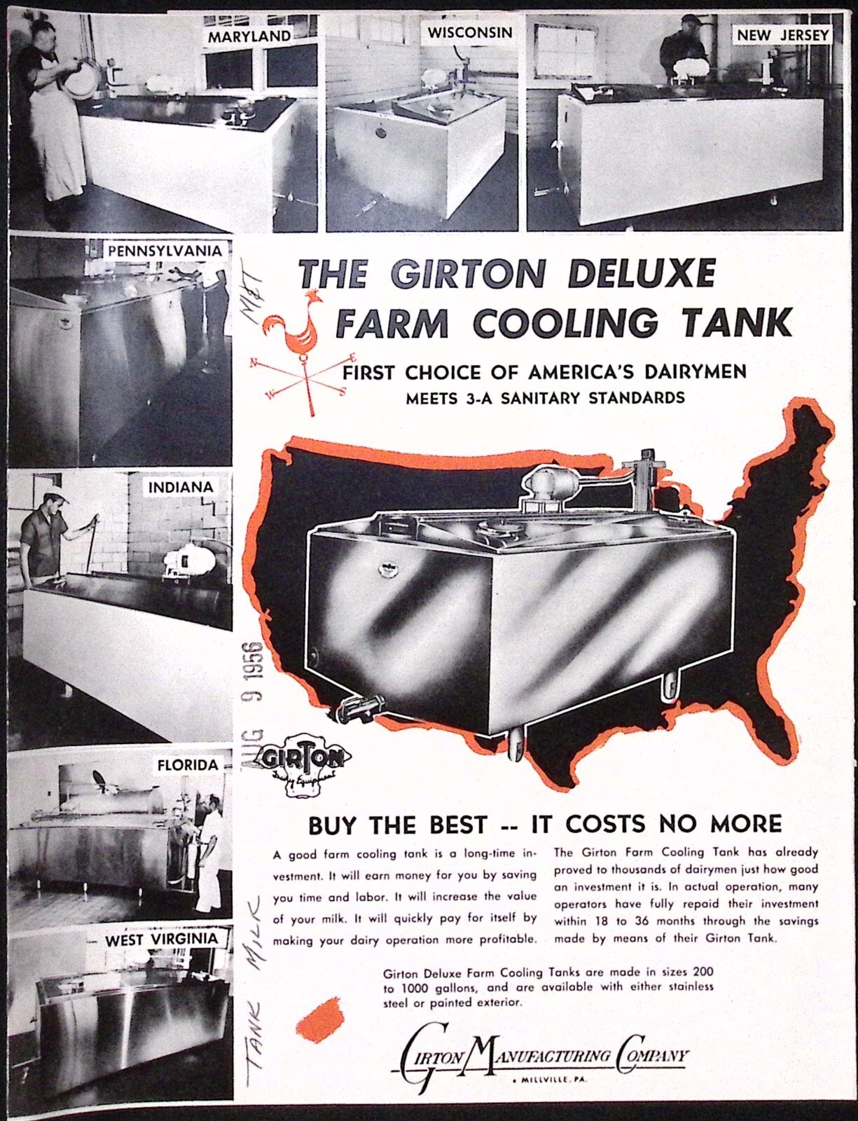 1956 Girton Deluxe Farm Cooling Tank Brochure Girton Mfg Co Millville PA