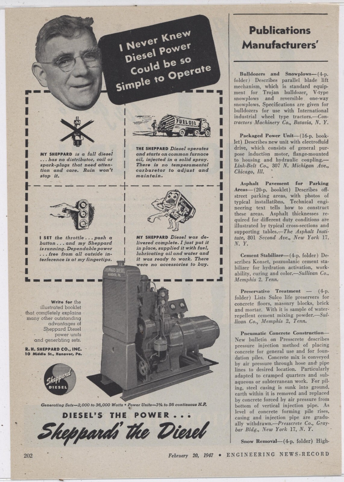 1947 R.H. Sheppard Co. Ad: Diesel Generating Sets – Hanover, Pennsylvania