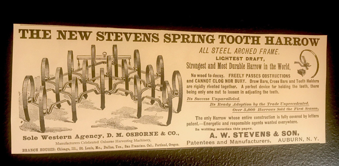 1889 A.W. Stevens & Son Harrow Implement Farm Advertising – Auburn – New York
