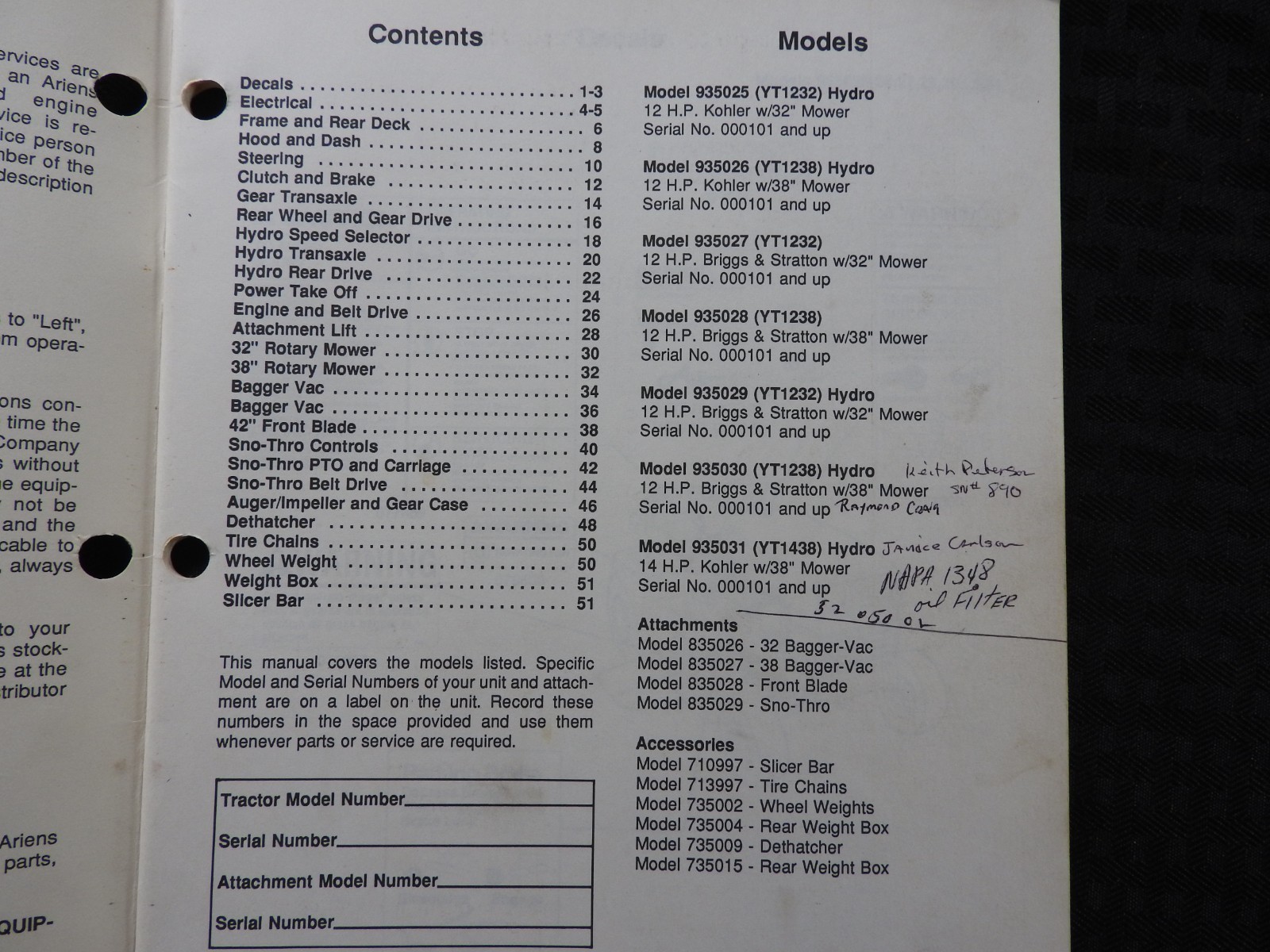 GENUINE ARIENS SIERRA 935 SERIES LAWN TRACTOR PARTS CATALOG MANUAL CLEAN 1990