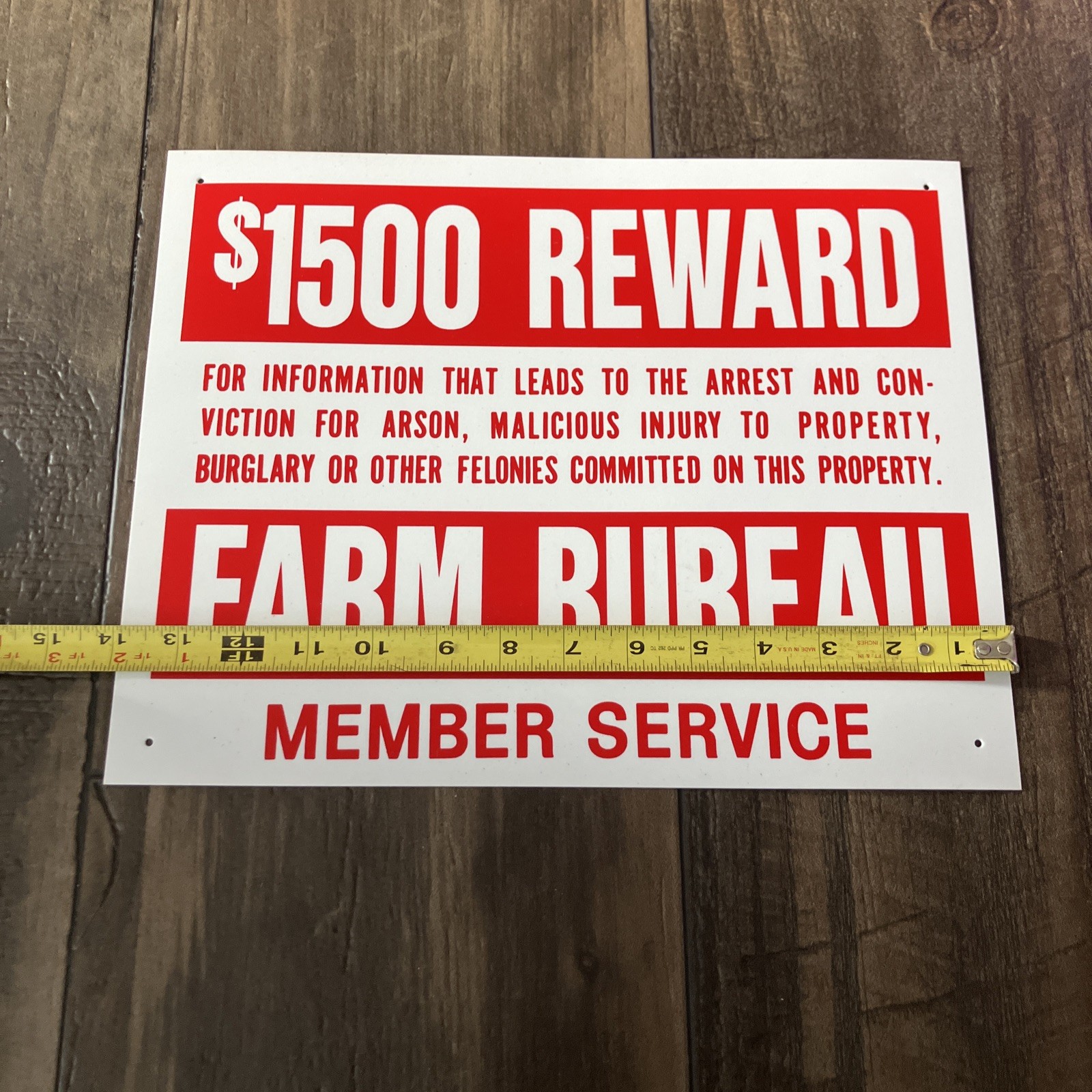 NOS $1500 Reward Farm Bureau Member 14” X 11” Poly Sign Arson Burglary Felonies