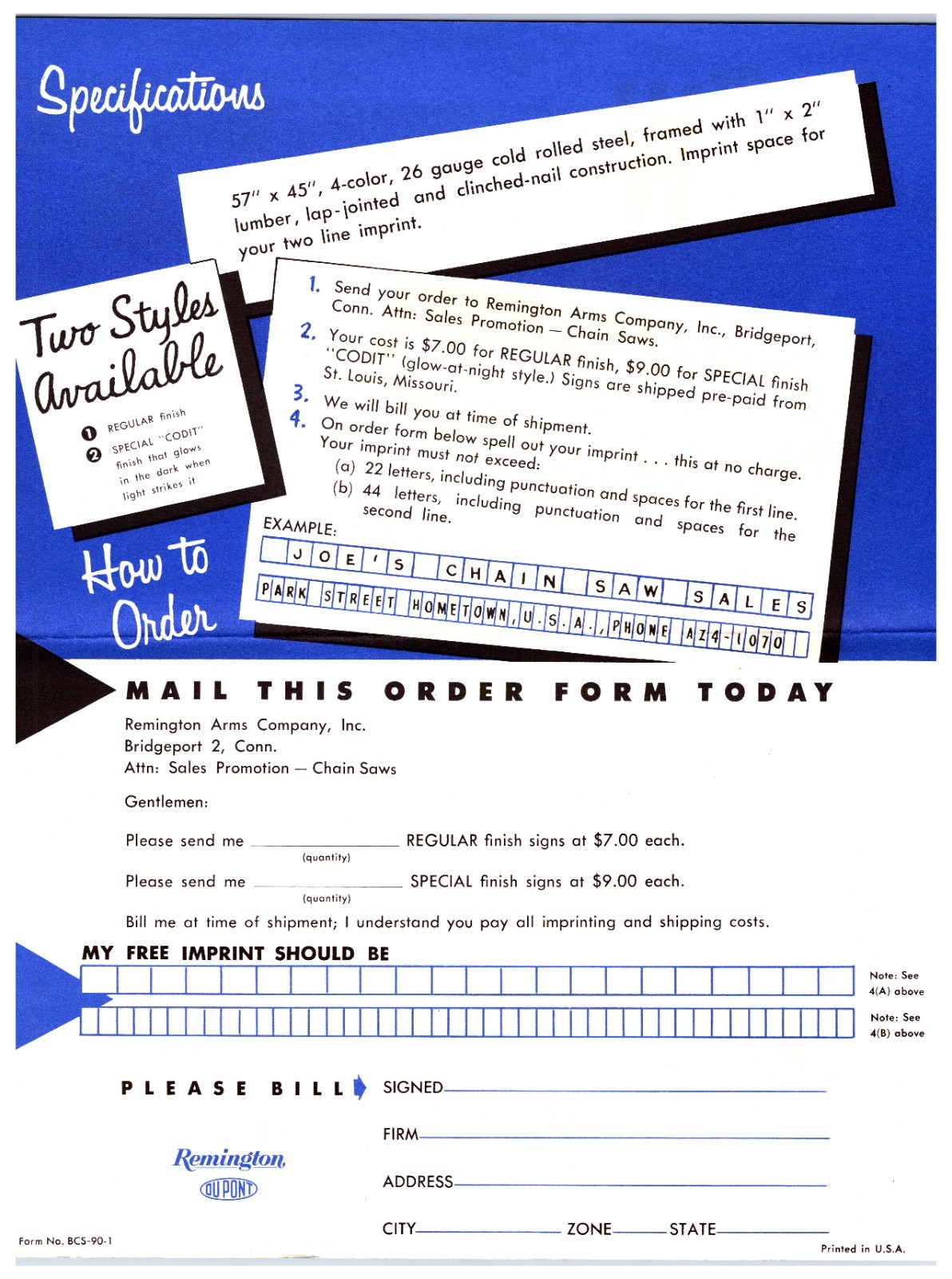 Original 1960s Remington Chainsaws Dealership Sign – Sales Brochure Ad Sheet