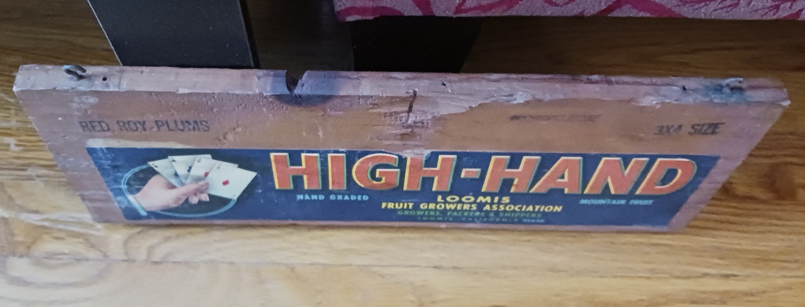 Vintage HIGH HAND Loomis Fruits Growers RED ROY PLUMS Wood Crate Piece 16&Prime; x 6&Prime;