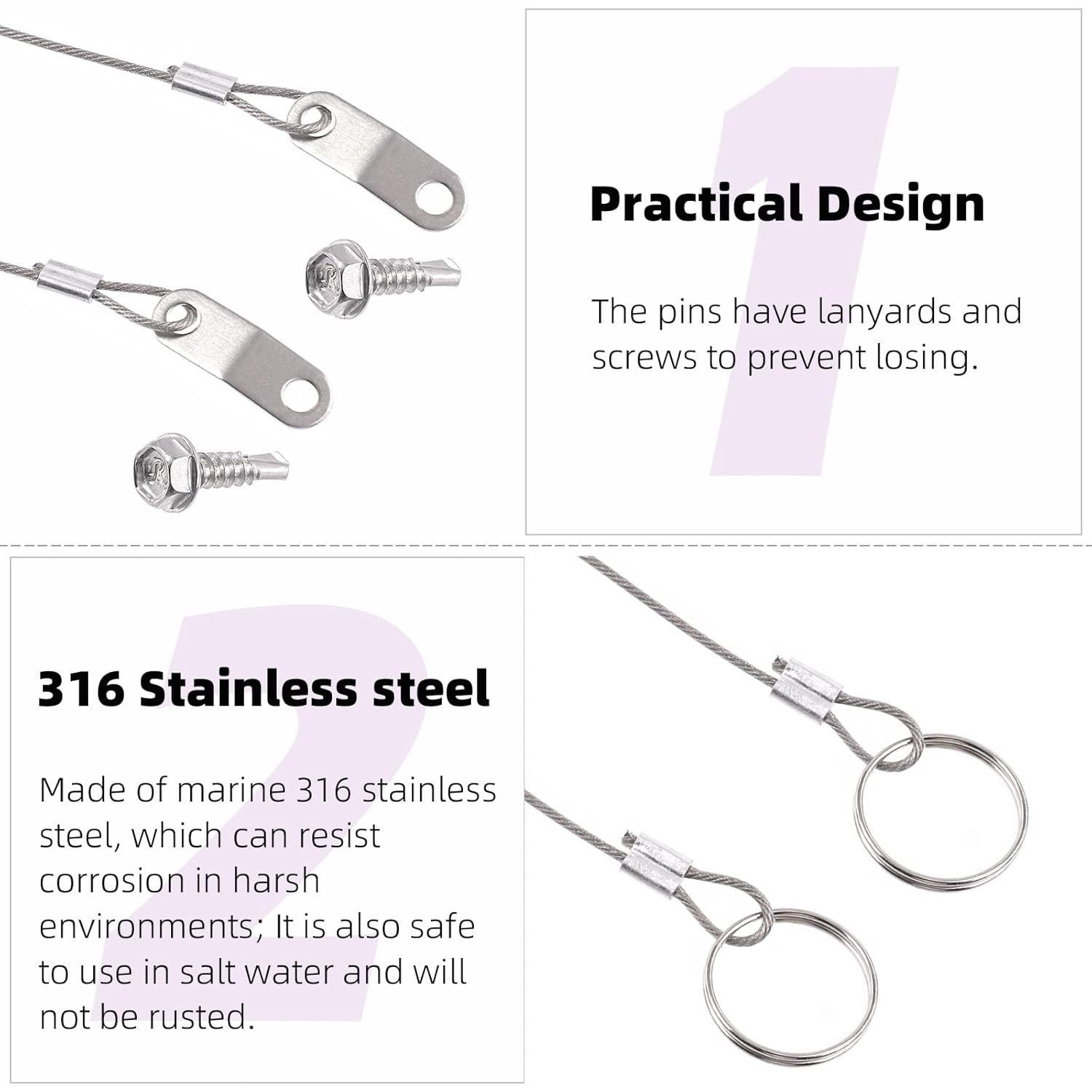 50Pcs 4 Sizes Spring-Loaded Lynch Pin Linch Pin and Stainless Steel Lanyard Cabl