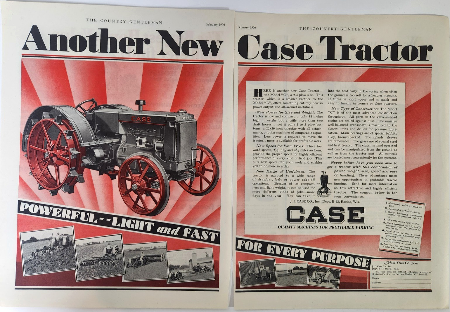 Model C Farm Farming Tractor Case 2 Page Vintage 1930 Ad Magazine Print
