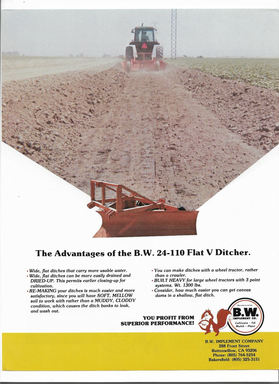 Original OEM OE B.W. Implement Model 24-110 Flat V Ditcher Sales Brochure Flyer