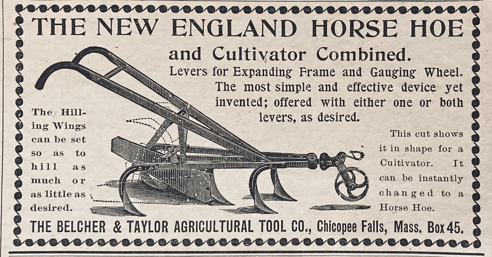 1896 AD.(XH49)~BELCHER & TAYLOR AG. TOOL CO. CHICOPEE FALLS, MASS. HORSE HOE